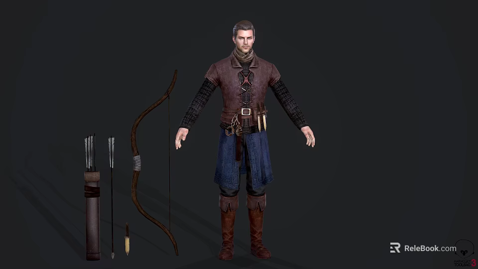 Detailed Game Movie Character In Leather Coat With Blue Pants Brown Boots Bow Arrows 3d model 