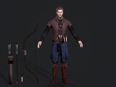 Detailed Game Movie Character In Leather Coat With Blue Pants Brown Boots Bow Arrows 3d model