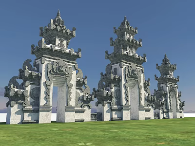 Ornate Traditional Entrance Gate With Intricate Stone Carvings And Tiered Towers Design 3d model