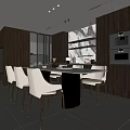 Modern Restaurant Interior With White Chairs Marble Dining Table And Dark Cabinets
