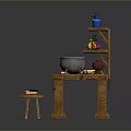 Wooden Work Desk With Three Tiered Shelf Colorful Bottles Scroll Quill Red Cloth And Stool