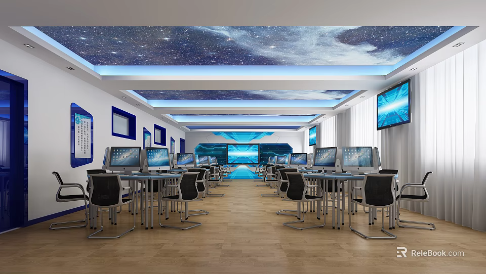 Modern School Computer Lab With Starry Ceiling Blue Decor And Multiple Computers 3d model 
