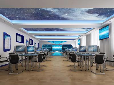 Modern School Computer Lab With Starry Ceiling Blue Decor And Multiple Computers 3d model