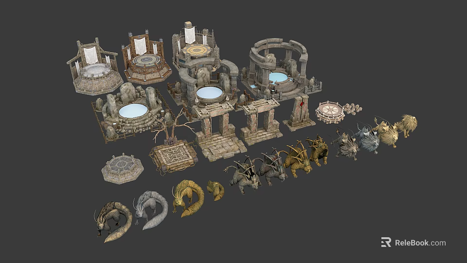 Various Ancient Stone Architectural Decorative Elements Including Altars Pillars And Dragon Statues 3d model