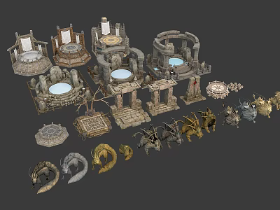Various Ancient Stone Architectural Decorative Elements Including Altars Pillars And Dragon Statues 3d model