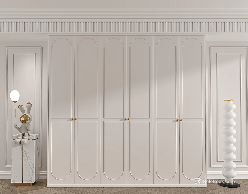 White Paneled Wardrobe With Golden Handles In Classic Elegant Interior Design 3d model 