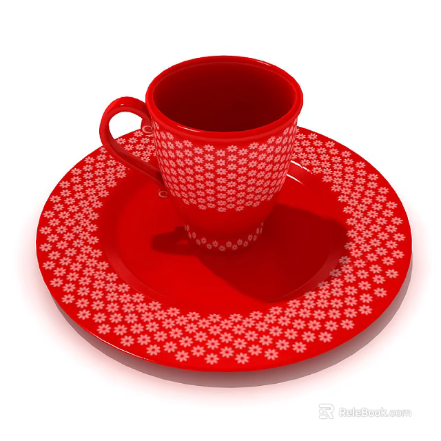 Red Cup With White Floral Patterns On Matching Red Saucer Design 3d model