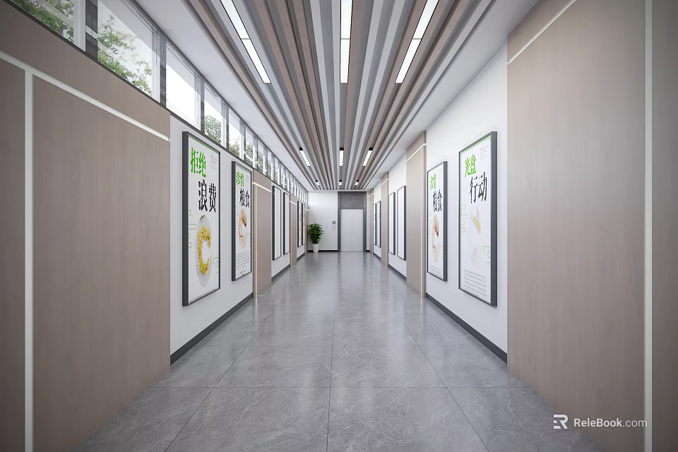 Modern Office Corridor With Wall Posters Ceiling Lights And Green Plants 3d model 