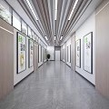 Modern Office Corridor With Wall Posters Ceiling Lights And Green Plants
