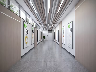 Modern Office Corridor With Wall Posters Ceiling Lights And Green Plants 3d model