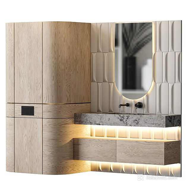 Modern Washbasin Interior With Wooden Cabinets Marble Countertop And Mirror Lighting 3d model 