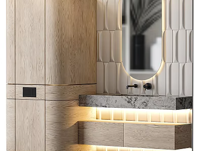 Modern Washbasin Interior With Wooden Cabinets Marble Countertop And Mirror Lighting 3d model