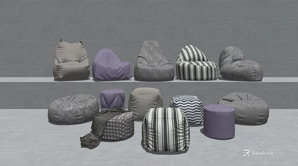 Comfortable Single Bean Bag Chairs In Various Colors And Striped Patterns 3d model 