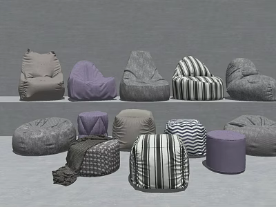 Comfortable Single Bean Bag Chairs In Various Colors And Striped Patterns 3d model