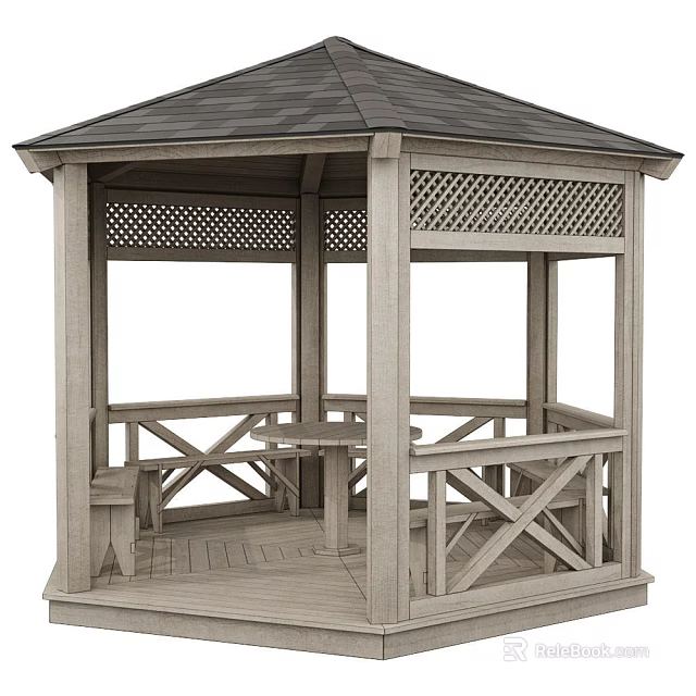 Wooden Gazebo With Lattice Panels Roof Railings Benches And Table 3d model 