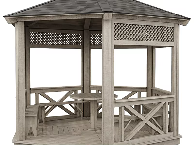 Wooden Gazebo With Lattice Panels Roof Railings Benches And Table 3d model