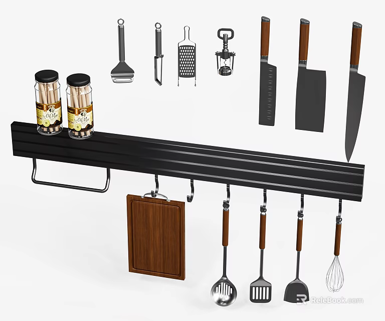 Organized Kitchen Utensils On Black Rail Rack With Knives Spatulas And Cutting Board 3d model 
