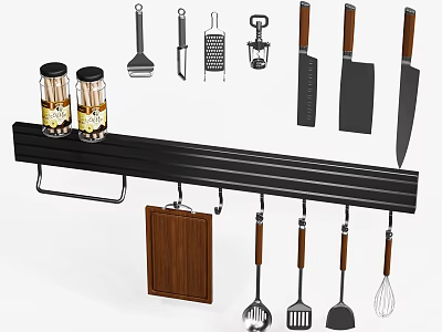 Organized Kitchen Utensils On Black Rail Rack With Knives Spatulas And Cutting Board 3d model