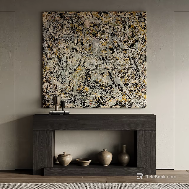 Modern Home Interior With Abstract Painting Above Dark Fireplace And Ceramic Vases 3d model 