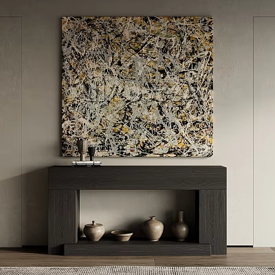 Modern Home Interior With Abstract Painting Above Dark Fireplace And Ceramic Vases 3d model