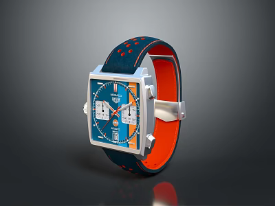 Stylish Blue And Orange Leather Strap Watch With Square Dial Silver Metal Multifunctional Design 3d model