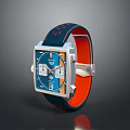 Stylish Blue And Orange Leather Strap Watch With Square Dial Silver Metal Multifunctional Design