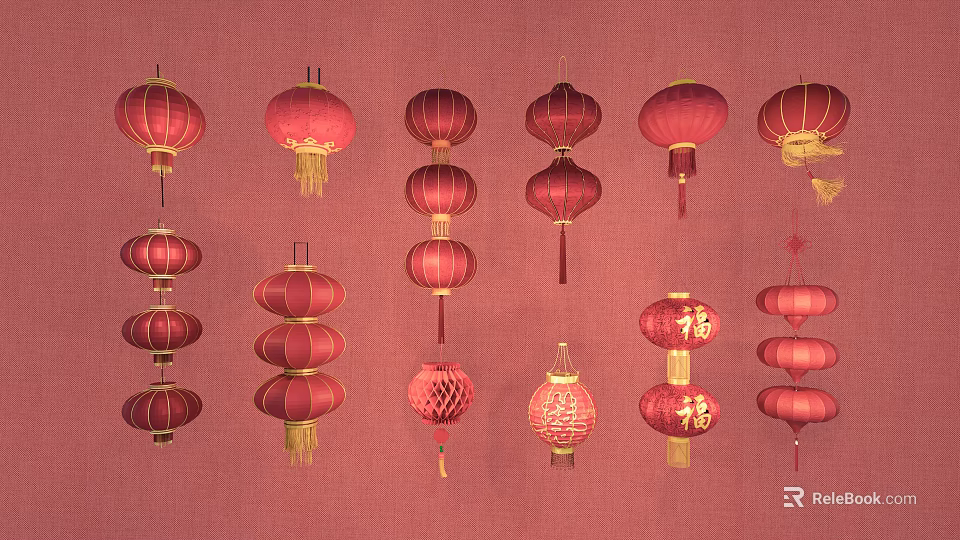 Traditional Chinese Red Lanterns With Various Hanging Designs And Decorative Styles 3d model 