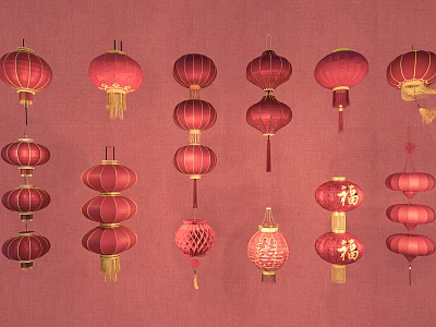 Traditional Chinese Red Lanterns With Various Hanging Designs And Decorative Styles 3d model
