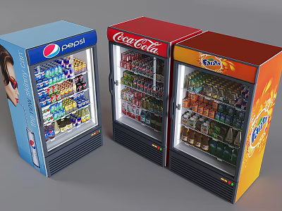 Upright Beverage Display Refrigerators Featuring Pepsi Coca Cola Fanta Drinks Inside 3d model