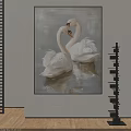 Animal Painting of Two White Swans Together on Gray Background with Water Reflections