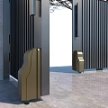 Modern Luxury Black Metal Gate With Stone Pillars And Autumn Trees