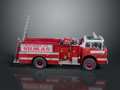 Vintage Red Fire Truck From SUAMAS Fire Department With Ladder And Classic Details 3d model