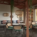 Rustic Restaurant Interior Featuring Wooden Columns Bookshelves Sofa Seating And Green Plants