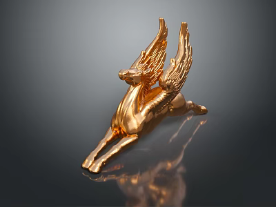 Elegant Golden Winged Horse Sculpture Lying On Black Surface With Shiny Reflection 3d model