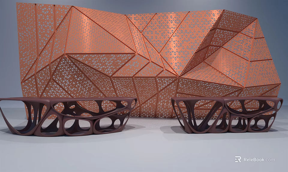 Dark Perforated Bar with Copper Colored Geometric Perforated Wall in Background 3d model 