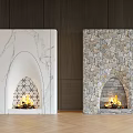 White Marble and Stone TV Wall Design with Arched Fireplace Flames Dark Wood Herringbone Floor