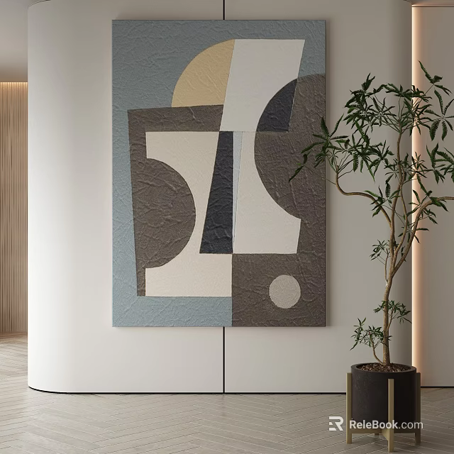 Abstract Painting With Geometric Shapes Neutral Tones Modern Interior Wall Decor And Indoor Plant 3d model 