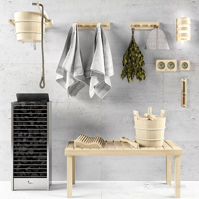 Natural Wood Bathroom Accessories Setup with Towels and Wooden Containers 3d model 