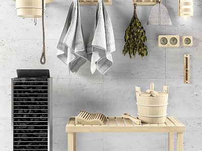 Natural Wood Bathroom Accessories Setup with Towels and Wooden Containers 3d model