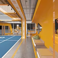 Indoor Basketball Court With Blue Floor White Lines Green Balls Yellow Walls And Mesh Ceiling