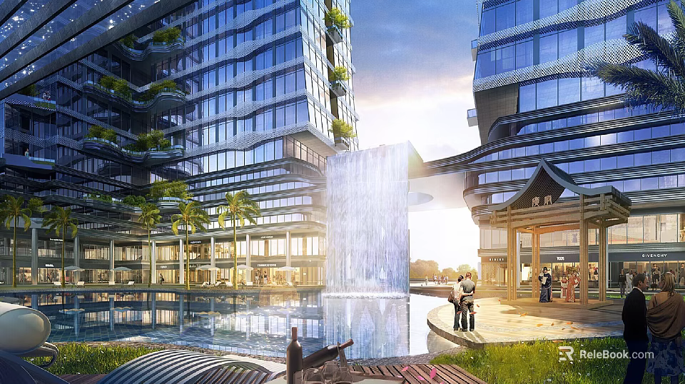 Modern Commercial Street With High Rise Buildings Waterfall Pool And Palm Trees 3d model 