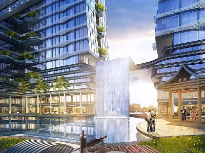 Modern Commercial Street With High Rise Buildings Waterfall Pool And Palm Trees 3d model