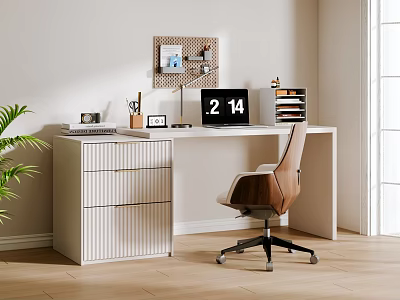 Modern Home Office Desk With Computer Monitor Stationery Corkboard Ergonomic Chair And Natural Light 3d model