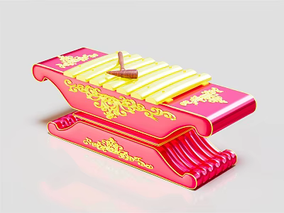 Red Xylophone Musical Instrument with Yellow Keys Mallet and Golden Painted Decorative Patterns 3d model