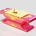 Red Xylophone Musical Instrument with Yellow Keys Mallet and Golden Painted Decorative Patterns