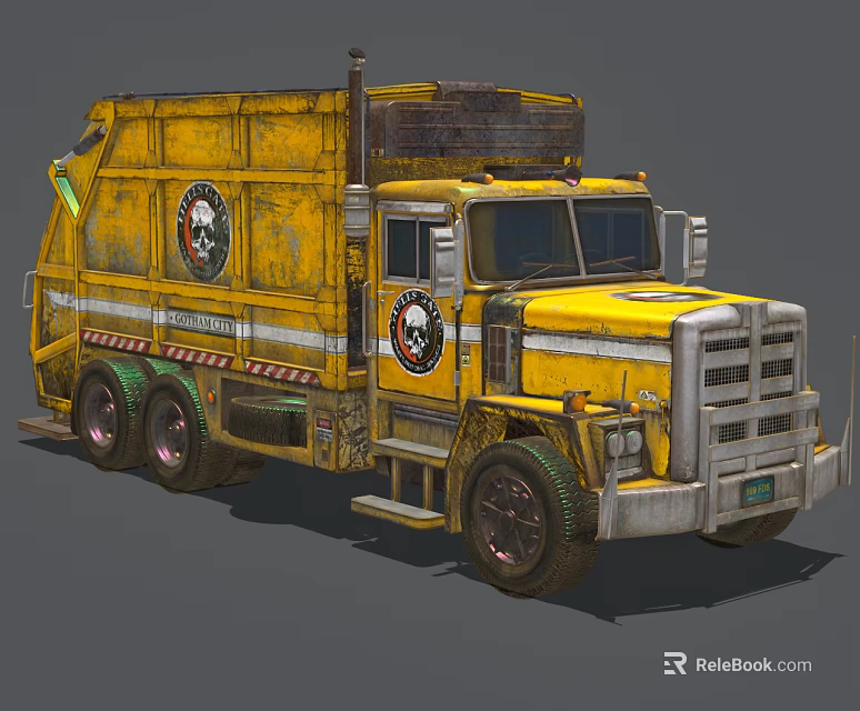Yellow Rusty Garbage Truck Functional Design With Body Logos Black Tires And Cab 3d model 