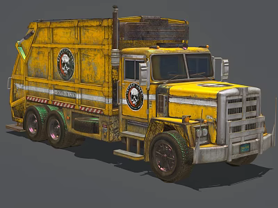 Yellow Rusty Garbage Truck Functional Design With Body Logos Black Tires And Cab 3d model