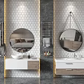 Three Bathroom Vanities With Round Mirrors Hexagonal Tile Walls White Wooden Countertops And Golden Legs