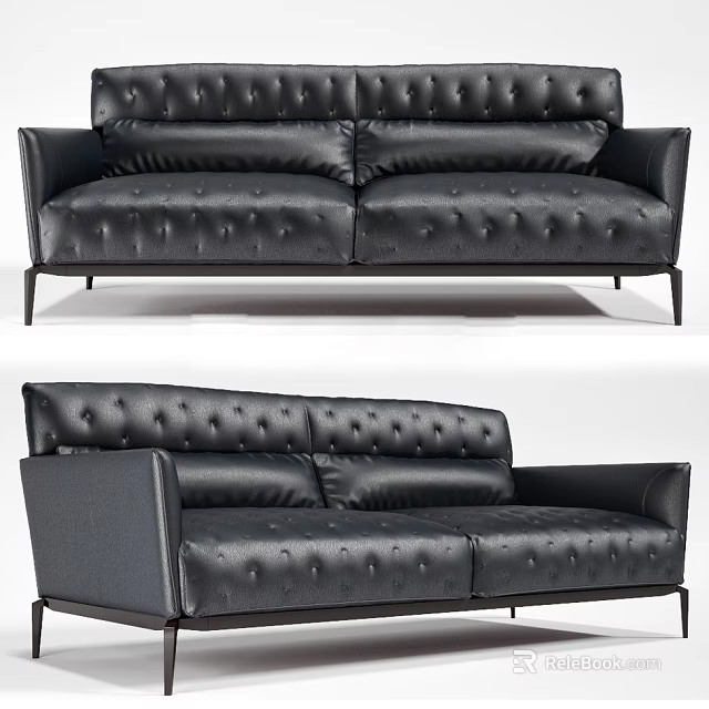 Black Leather Tufted Two Seater Sofa With Metal Legs And Modern Design 3d model 