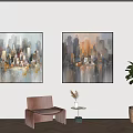Modern Interior With Cityscape Paintings Brown Chair Side Table And Green Plant